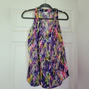 CAbi Floral Petals Semi-Sheer Faux Wrap Tank Top Blouse